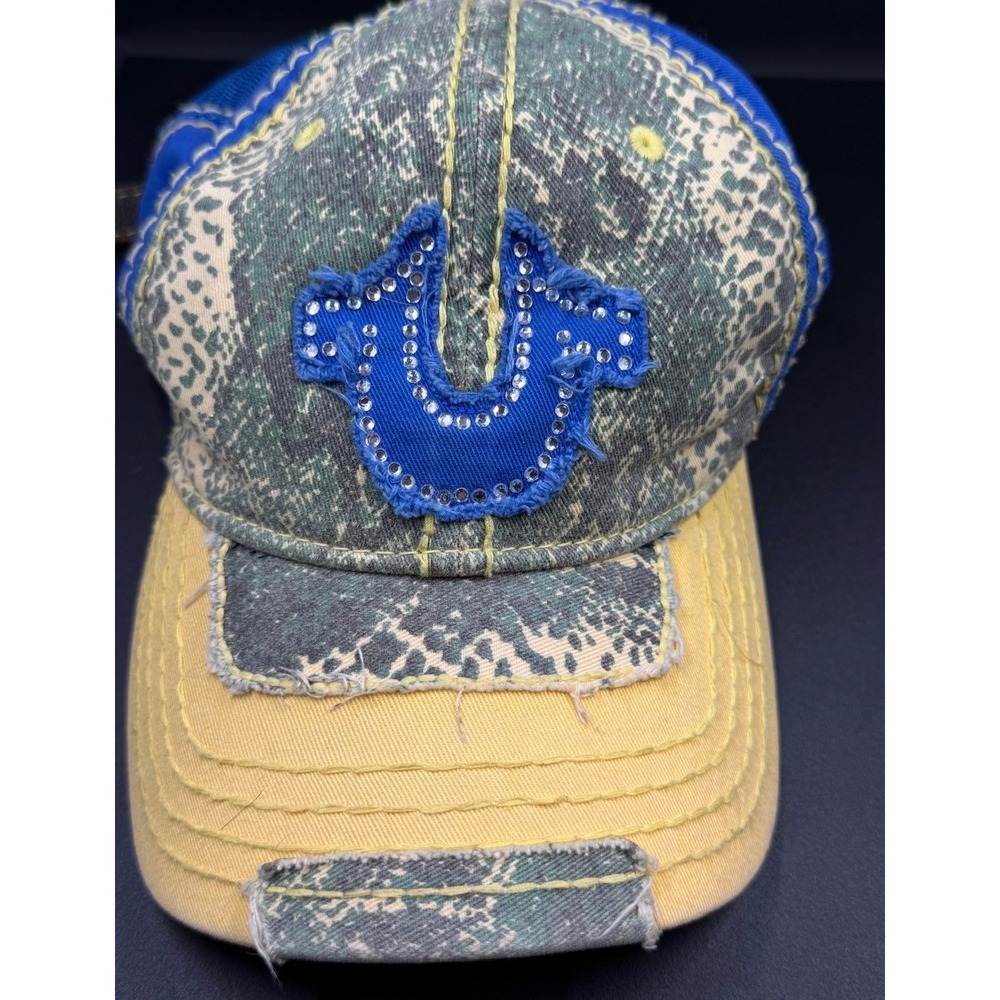 True Religion Trucker Hat OS Blue Yellow Camo Rhinestone Distressed Cap